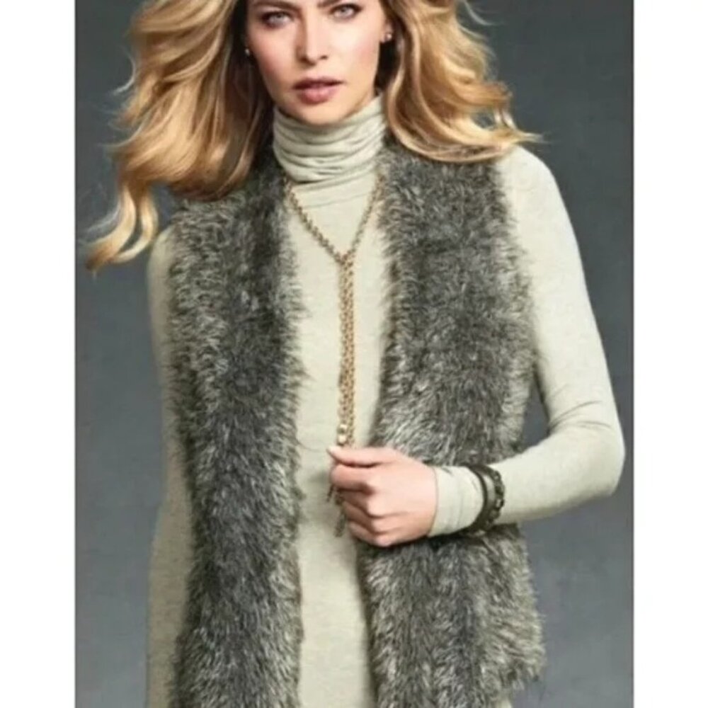 CAbi Womens Faux Fur Alpaca Mohair Blend Vest Brown Ribbed Knit Back